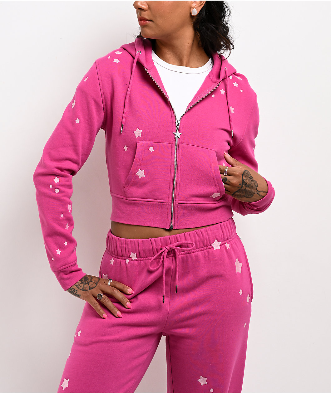 Freeworld Iman Star Pink Crop Zip Hoodie