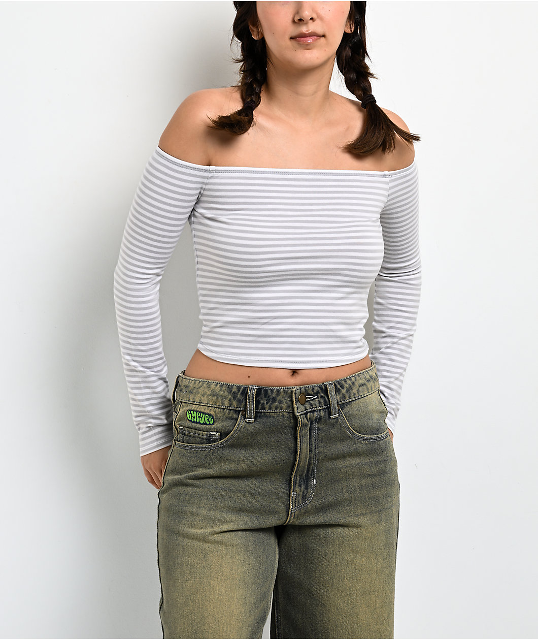 Freeworld Serenity Off Shoulder Grey & White Stripe Long Sleeve Crop T-Shirt