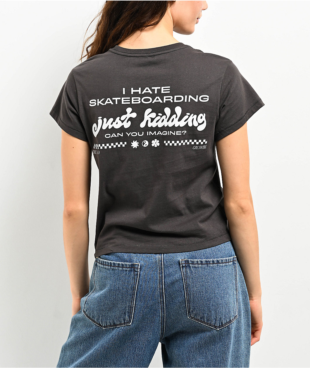 GRLSWIRL I Hate Skateboards Charcoal Crop T-Shirt