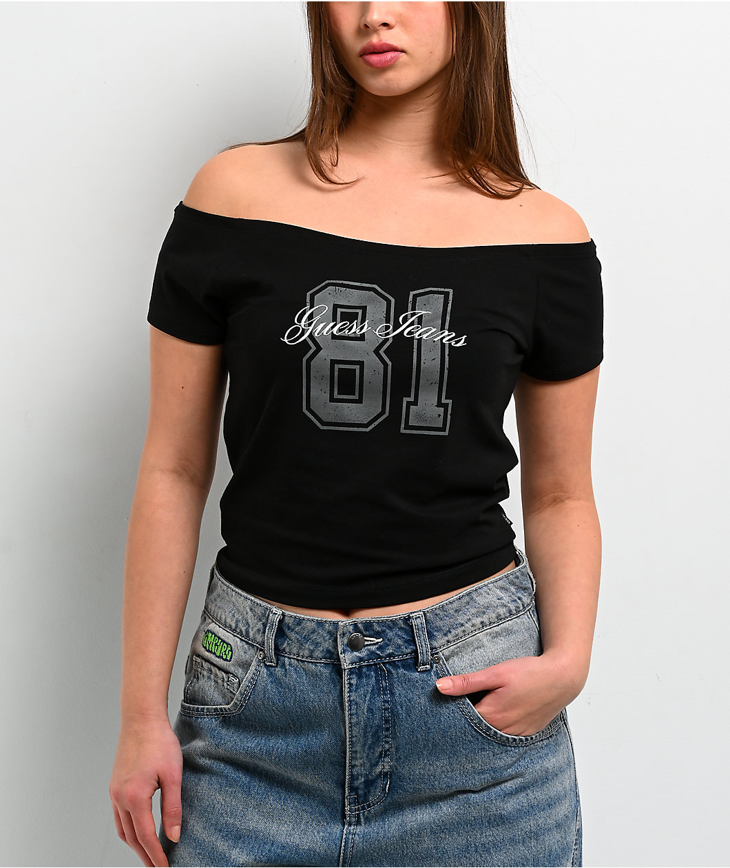 Guess Jeans 81 Off Shoulder Black Crop T-Shirt