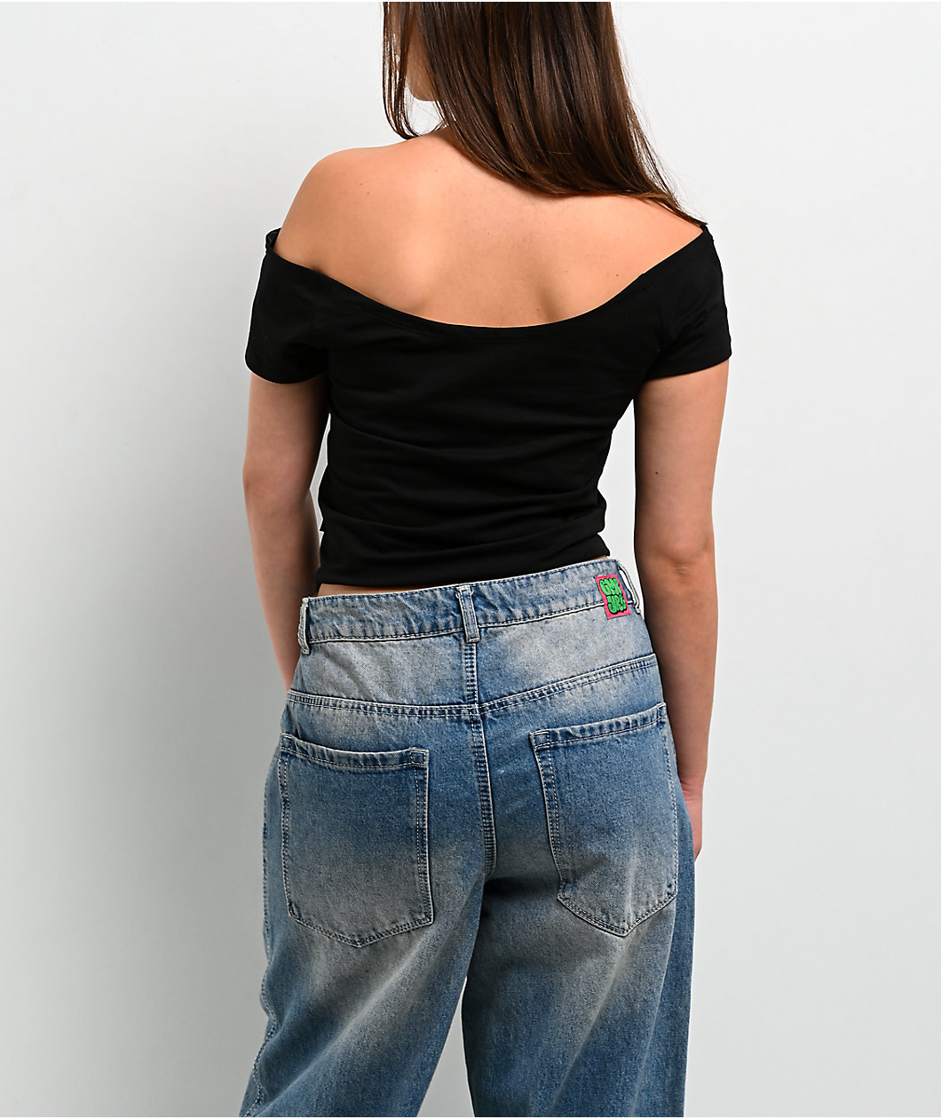 Guess Jeans 81 Off Shoulder Black Crop T-Shirt