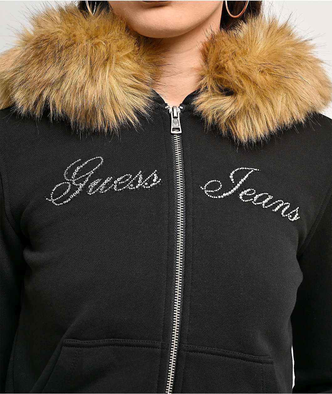 Guess Jeans Black Faux Fur Crop Zip Hoodie