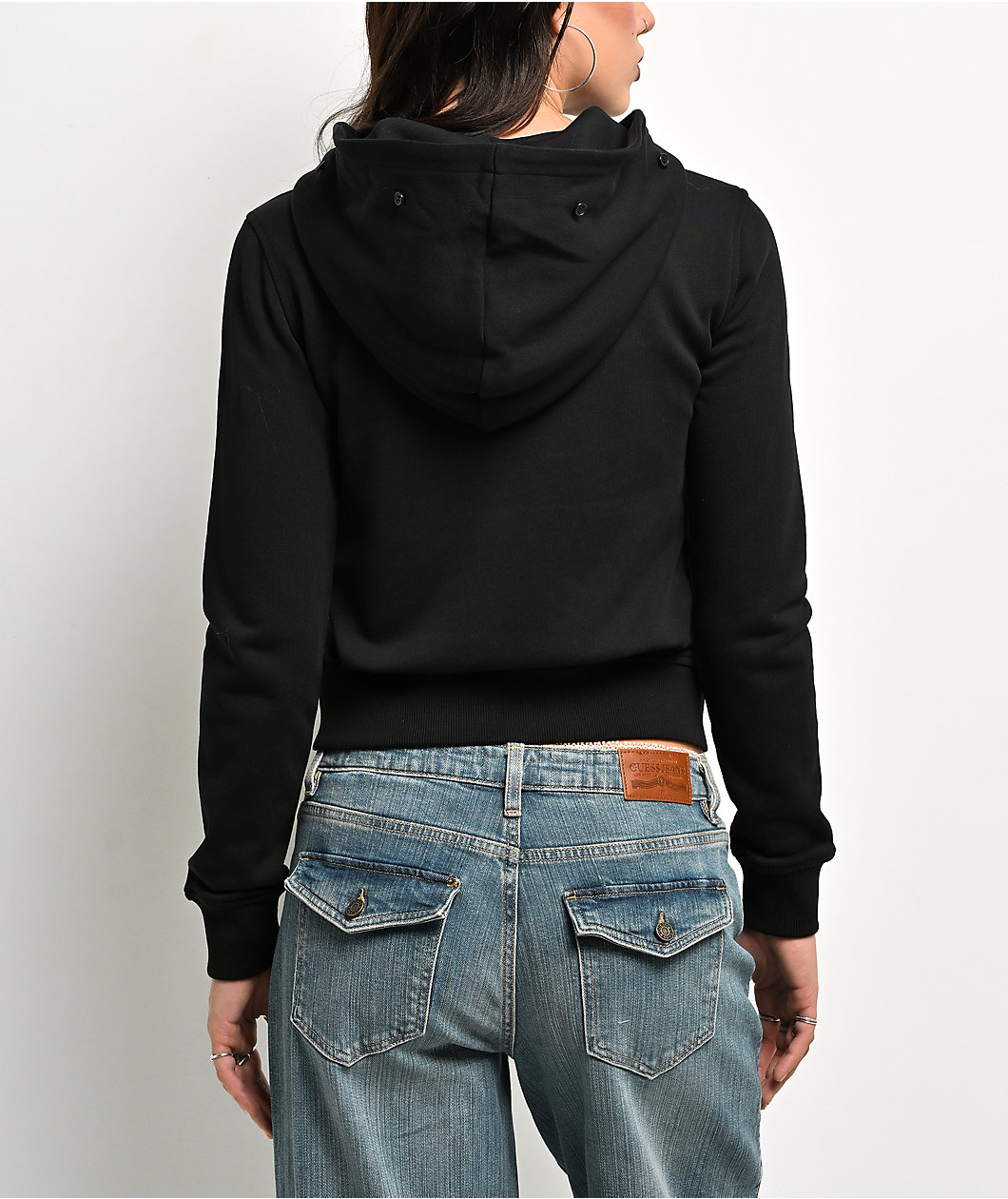 Guess Jeans Black Faux Fur Crop Zip Hoodie