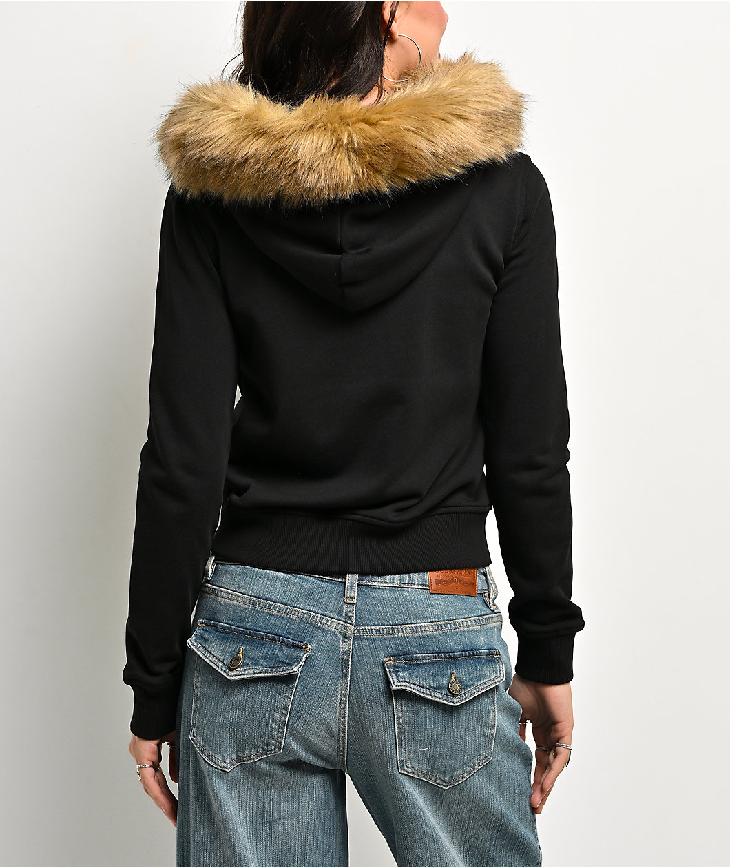 Guess Jeans Black Faux Fur Crop Zip Hoodie