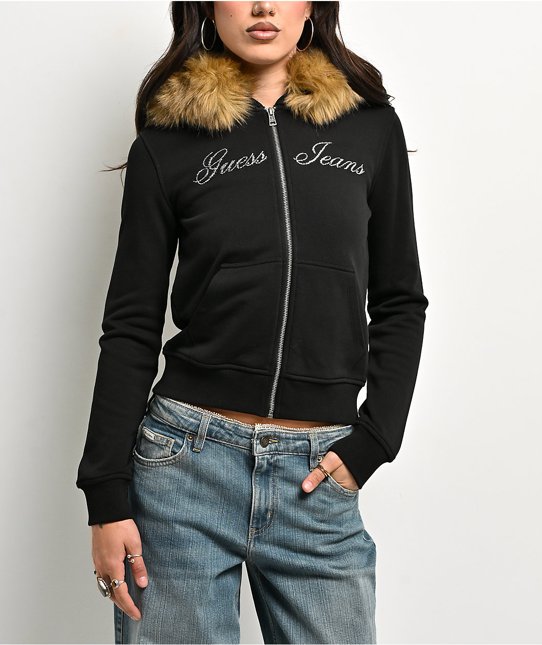 Guess Jeans Black Faux Fur Crop Zip Hoodie