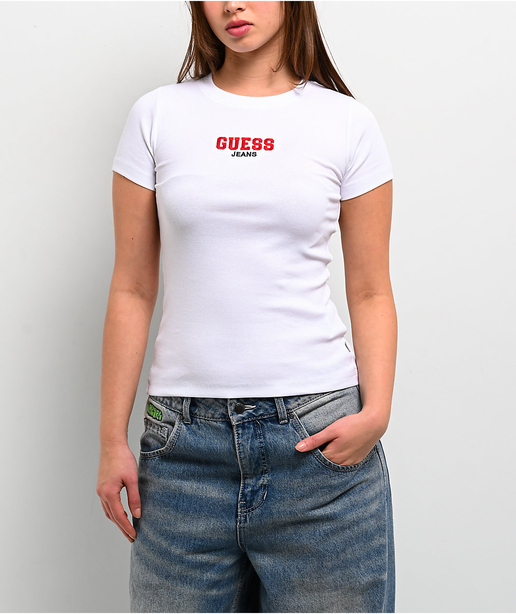 Guess Jeans Embroidered White Slim T-Shirt