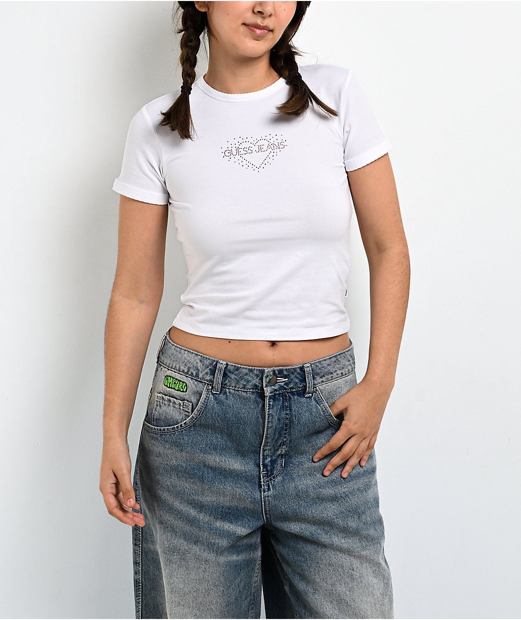 Guess Jeans Rhinestone Heart White Crop T-Shirt
