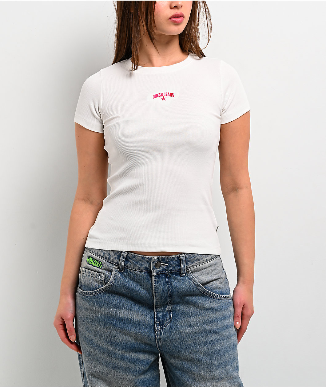 Guess Jeans Star Embroidered White Slim T-Shirt
