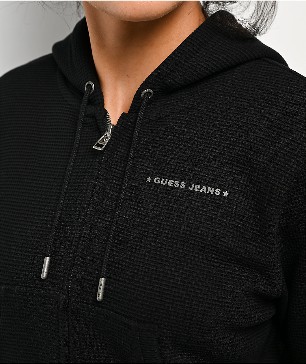 Guess Jeans Star Print Waffle Black Crop Zip Hoodie