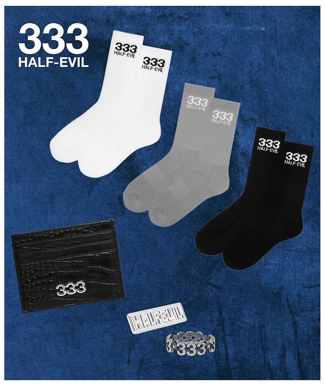 HALF EVIL 3 Pack Black, White & Grey Crew Socks