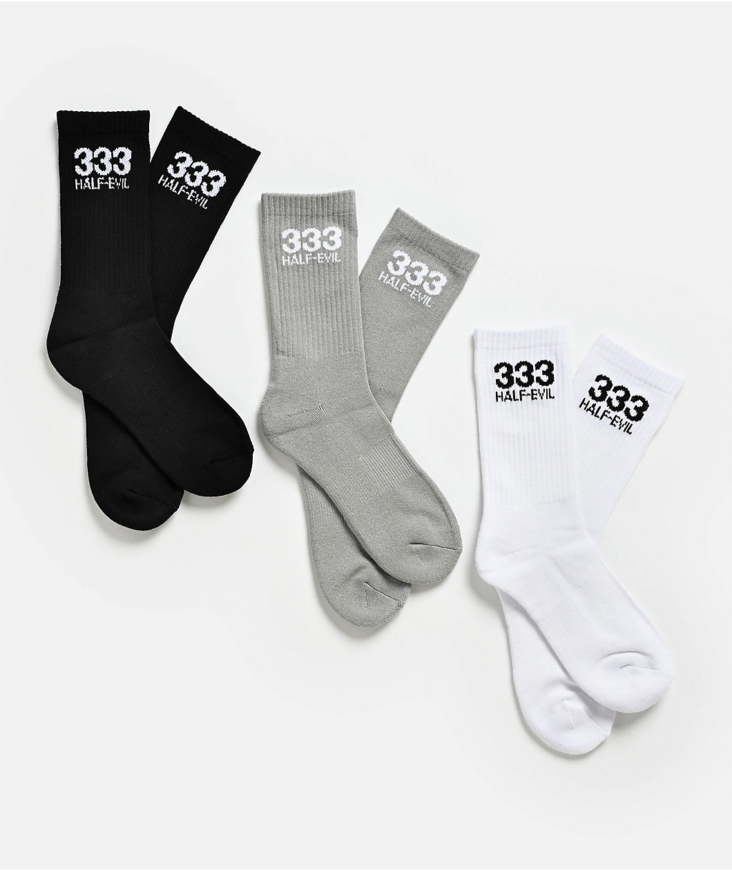 HALF EVIL 3 Pack Black, White & Grey Crew Socks