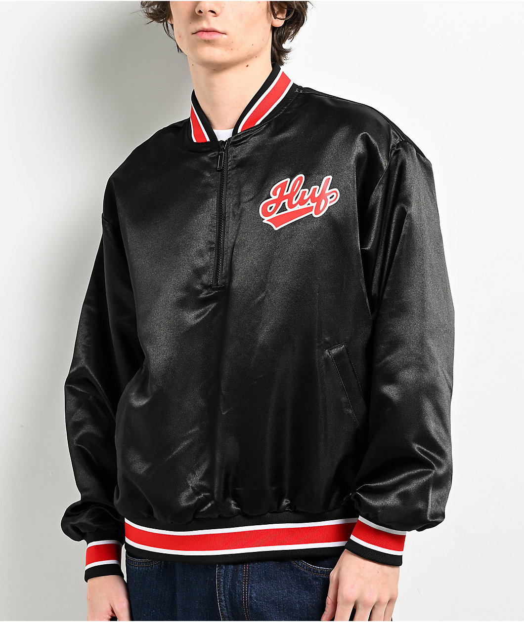 HUF Pop Fly Black & Red Satin Baseball Jacket