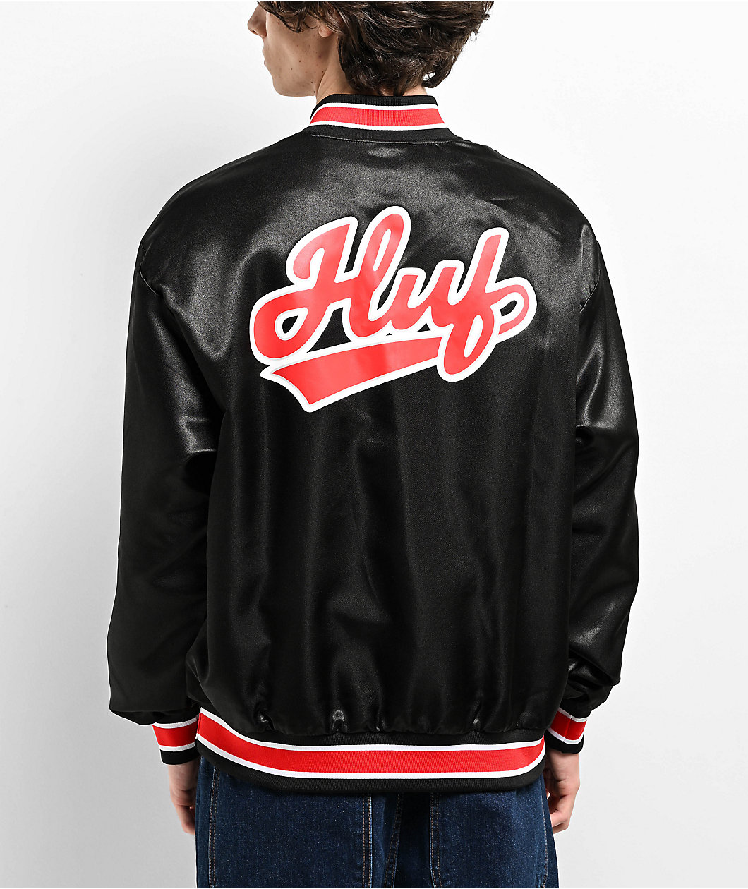 HUF Pop Fly Black & Red Satin Baseball Jacket