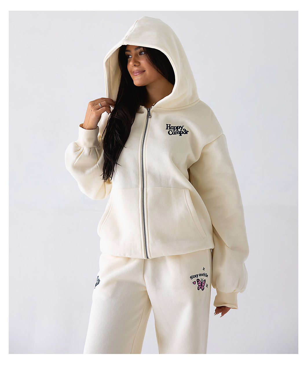 Happy Camp3r The World Is Better Cream Zip Hoodie