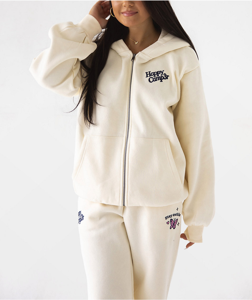 Happy Camp3r The World Is Better Cream Zip Hoodie