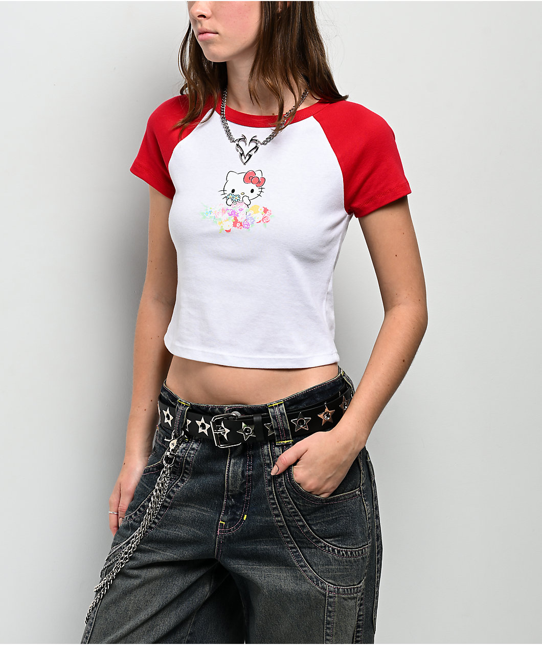 Hello Kitty® & Friends | A.LAB Hello Kitty Pink Ribbon White & Red Crop T-Shirt