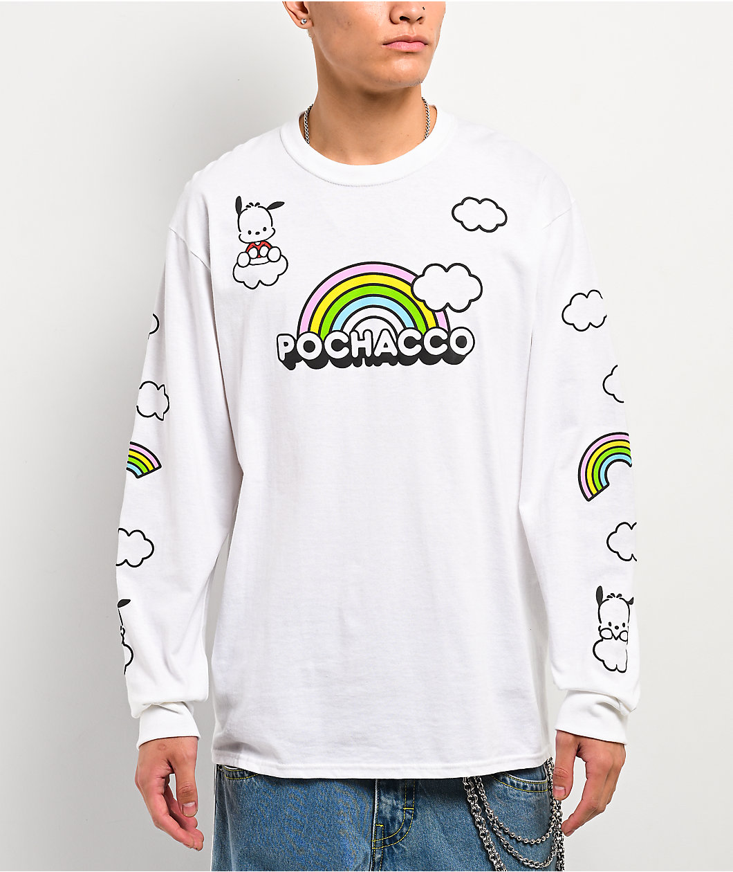 Hello Kitty® & Friends | A.LAB Pochacco™ Over The Rainbow White Long Sleeve T-Shirt