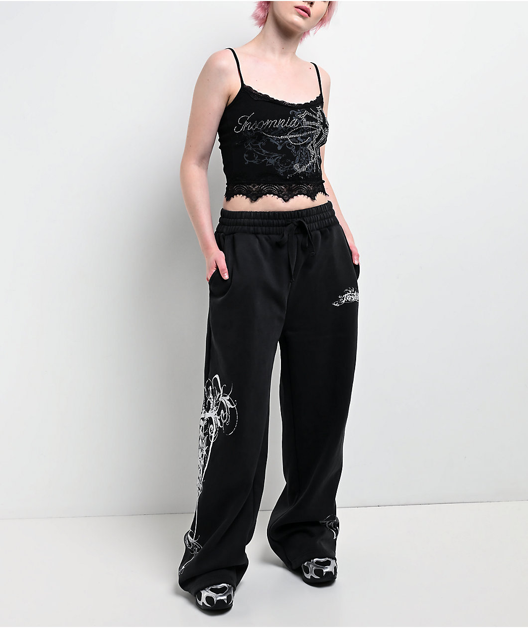 Insomnia Blessed Rhinestone Black Crop Tank Top