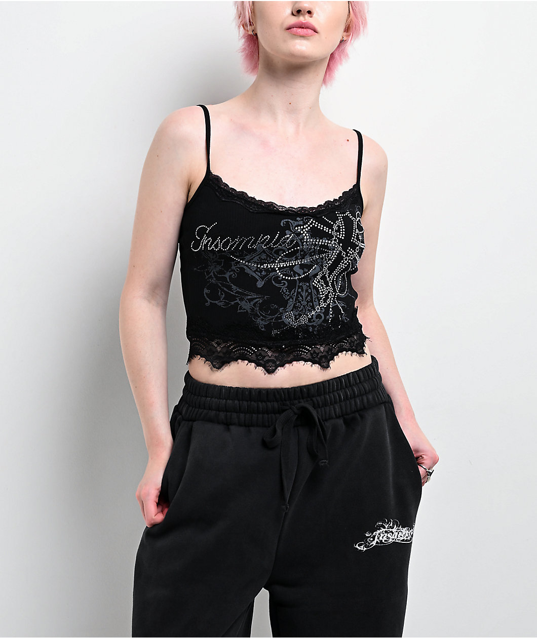 Insomnia Blessed Rhinestone Black Crop Tank Top