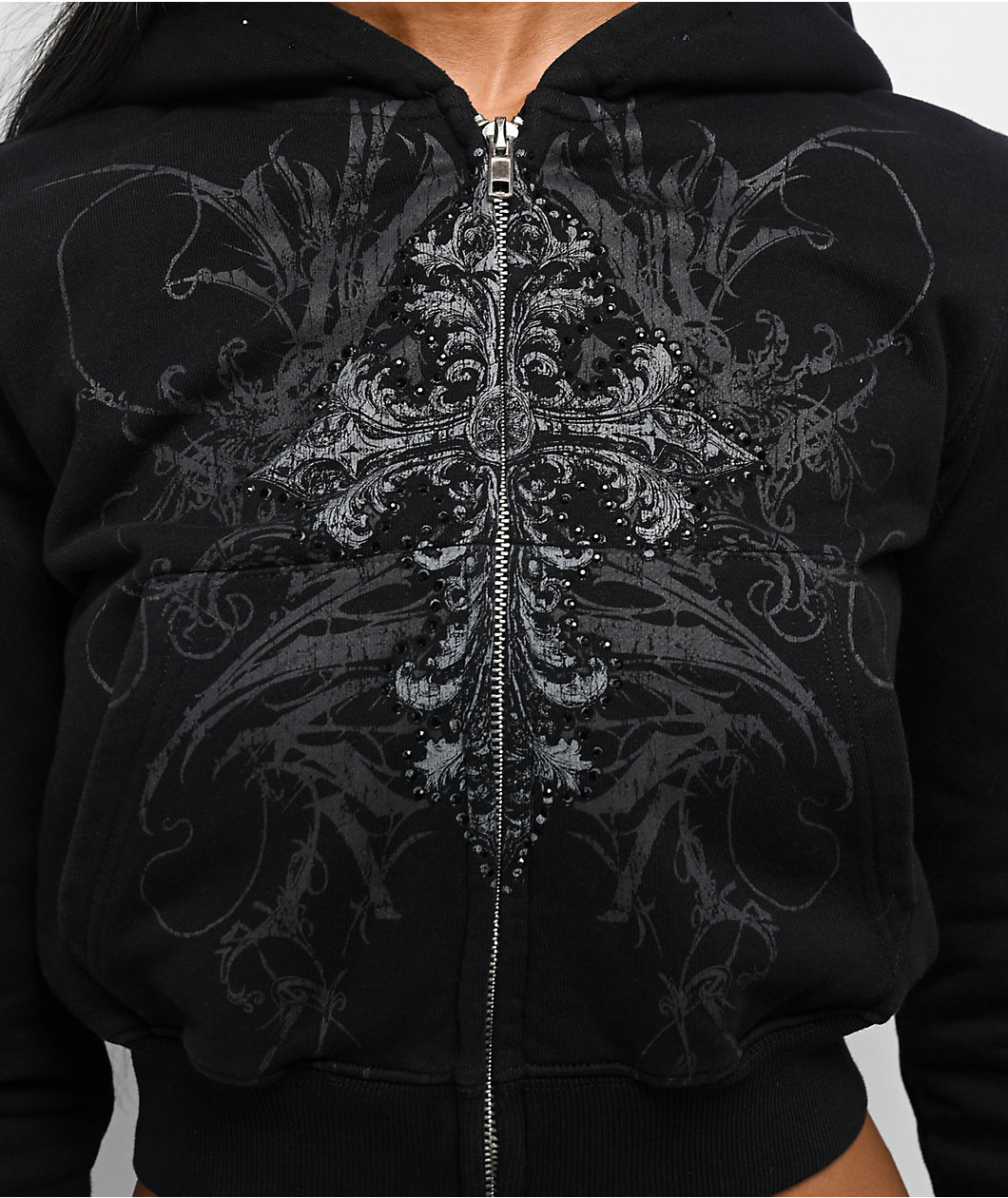 Insomnia Visuals Centerpiece Rhinestone Black Crop Zip Hoodie