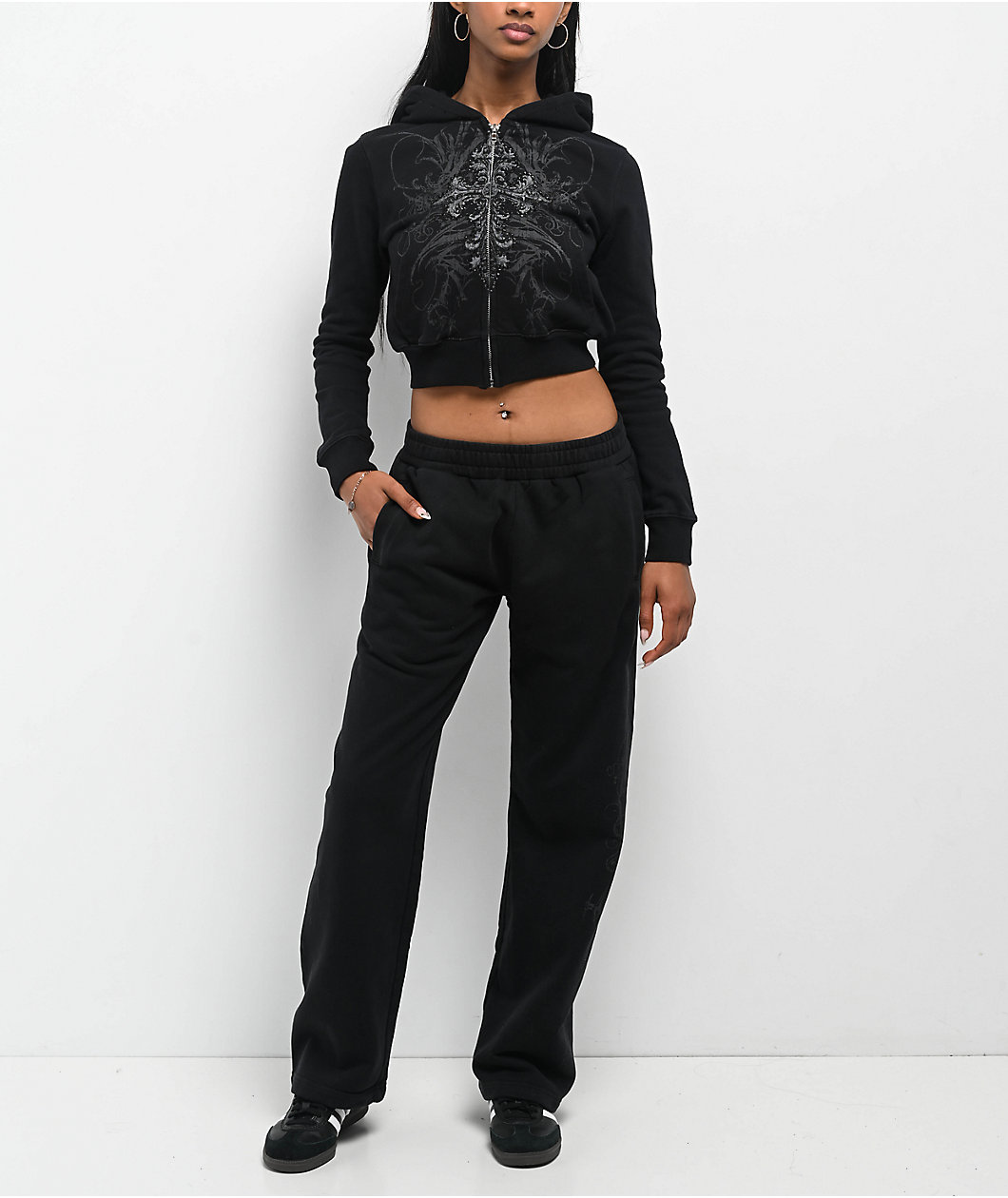 Insomnia Visuals Centerpiece Rhinestone Black Crop Zip Hoodie