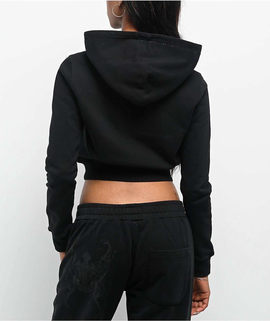 Insomnia Visuals Centerpiece Rhinestone Black Crop Zip Hoodie