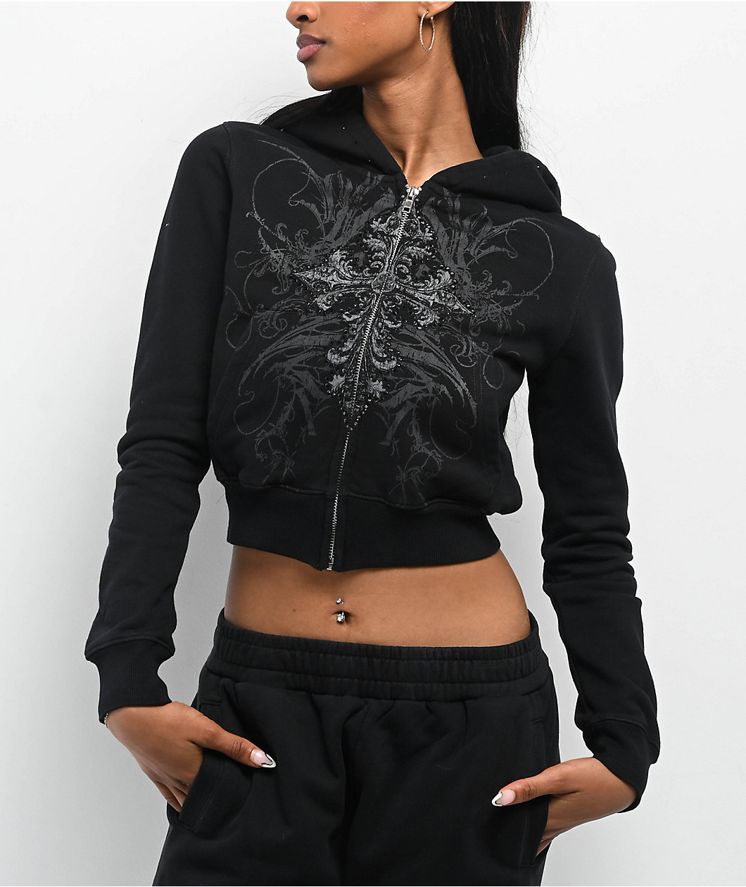 Insomnia Visuals Centerpiece Rhinestone Black Crop Zip Hoodie