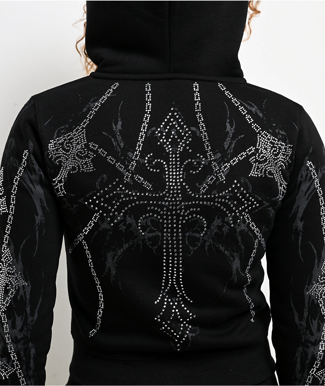 Insomnia Visuals Chains Rhinestone Black Crop Zip Hoodie