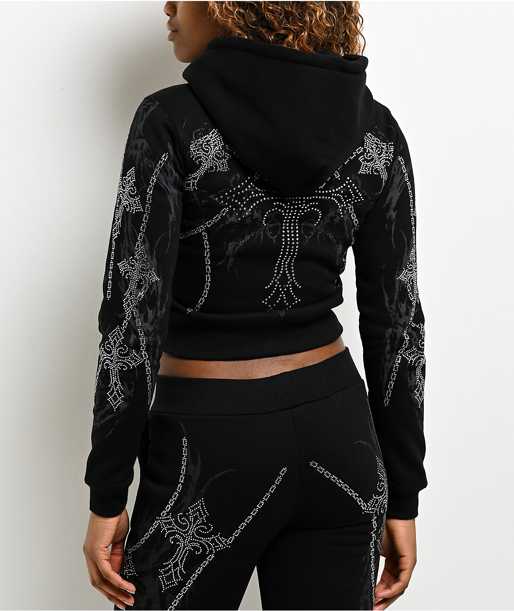 Insomnia Visuals Chains Rhinestone Black Crop Zip Hoodie