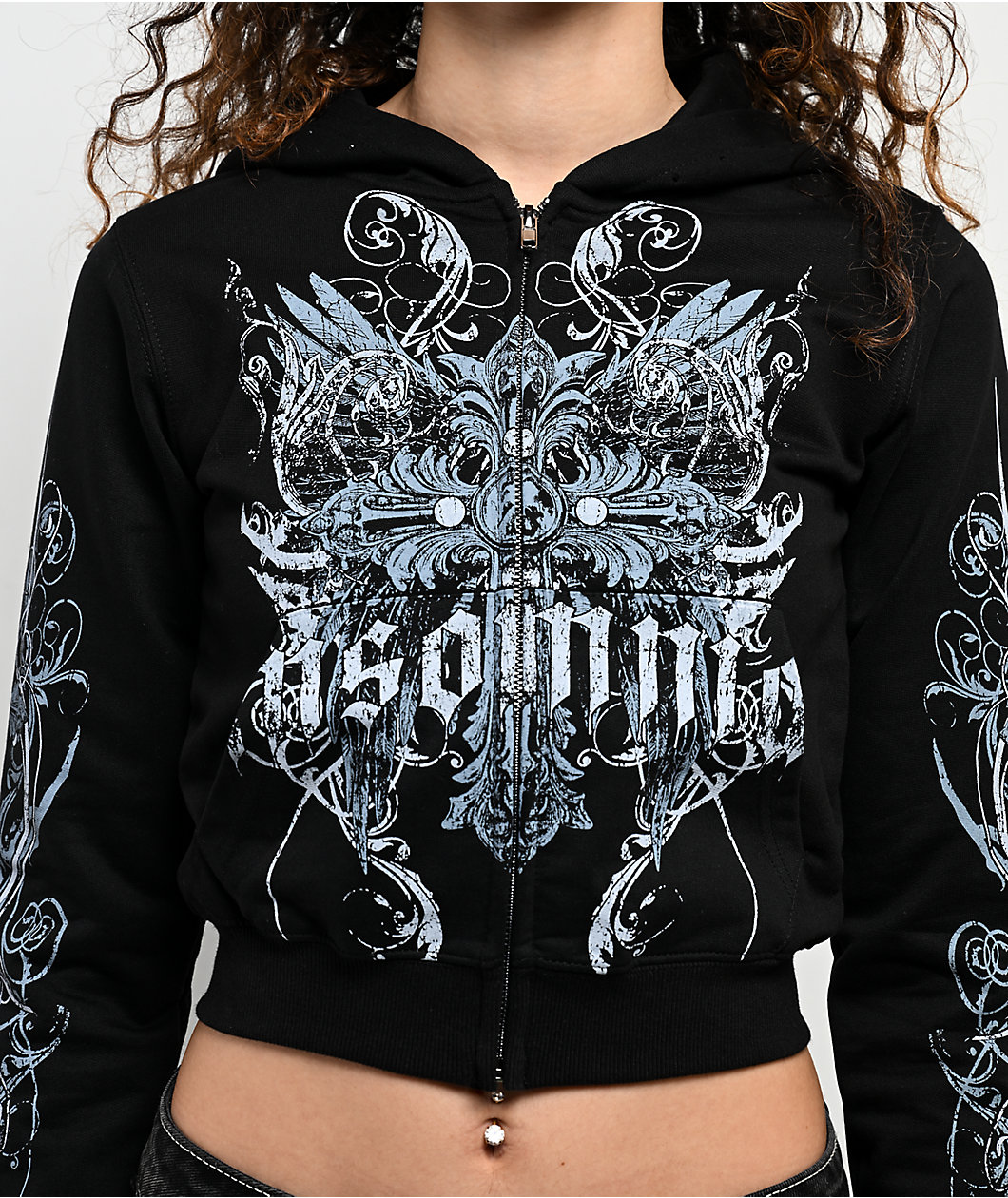 Insomnia Visuals Crucifix Rhinestone Black Crop Zip Hoodie