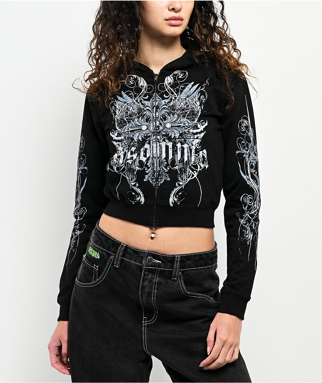 Insomnia Visuals Crucifix Rhinestone Black Crop Zip Hoodie