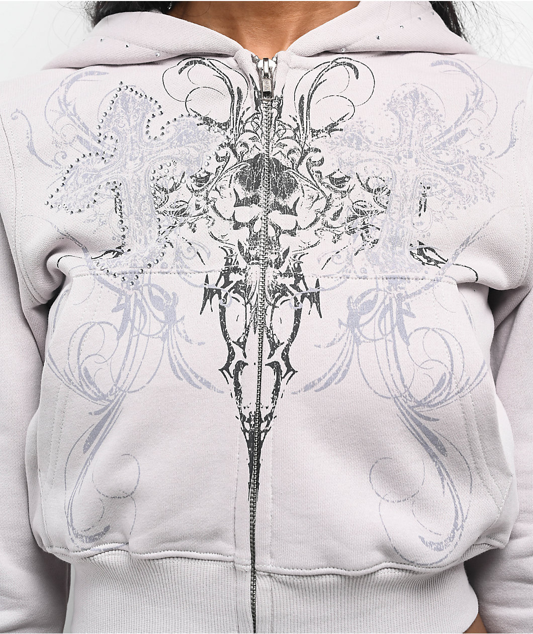Insomnia Visuals Double Cross Rhinestone Grey Crop Zip Hoodie