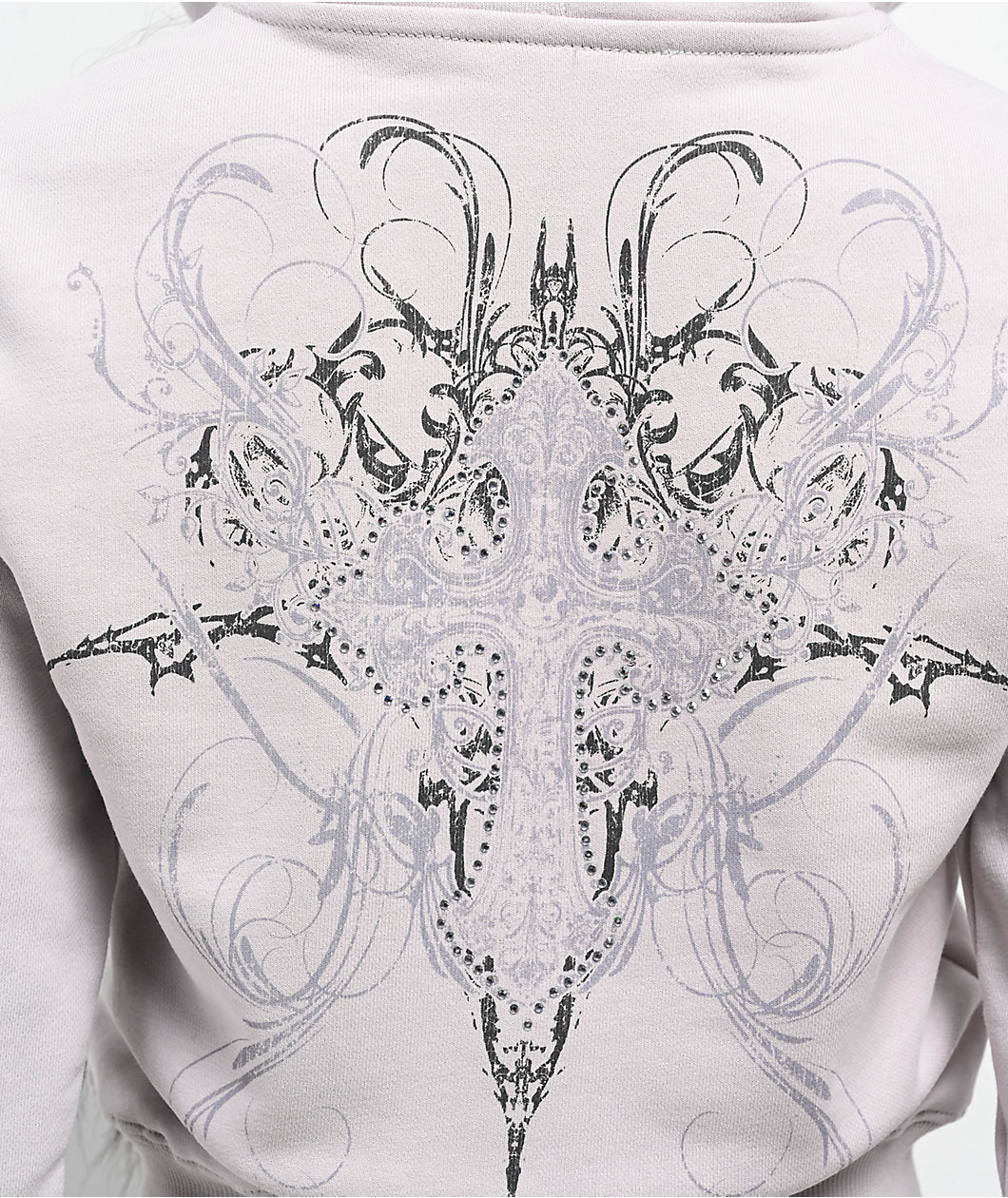 Insomnia Visuals Double Cross Rhinestone Grey Crop Zip Hoodie