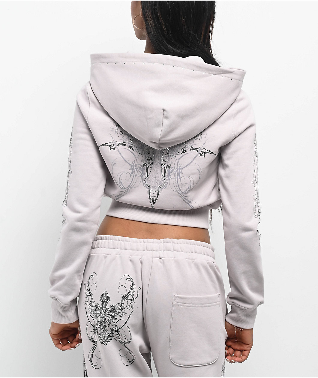 Insomnia Visuals Double Cross Rhinestone Grey Crop Zip Hoodie