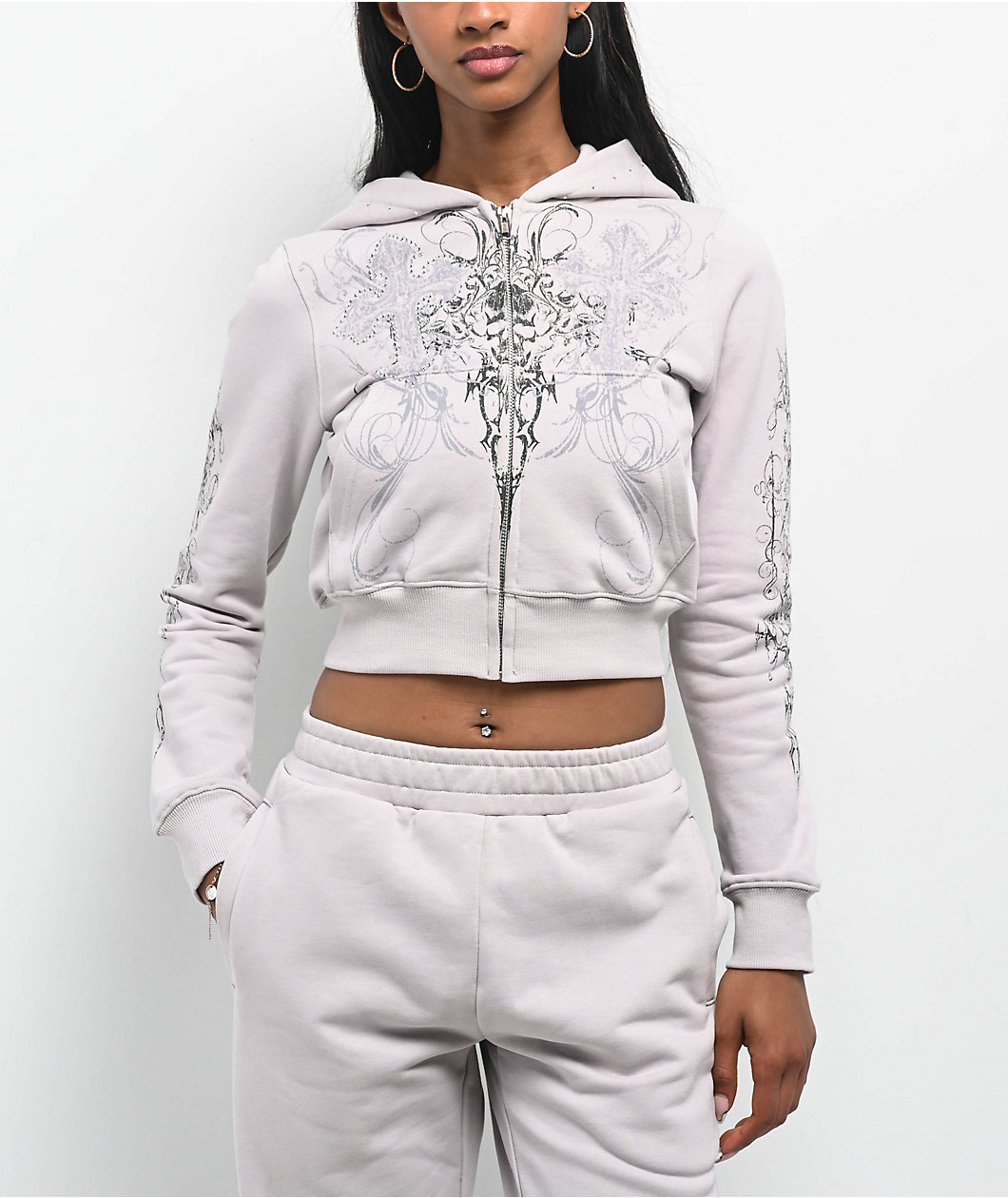 Insomnia Visuals Double Cross Rhinestone Grey Crop Zip Hoodie