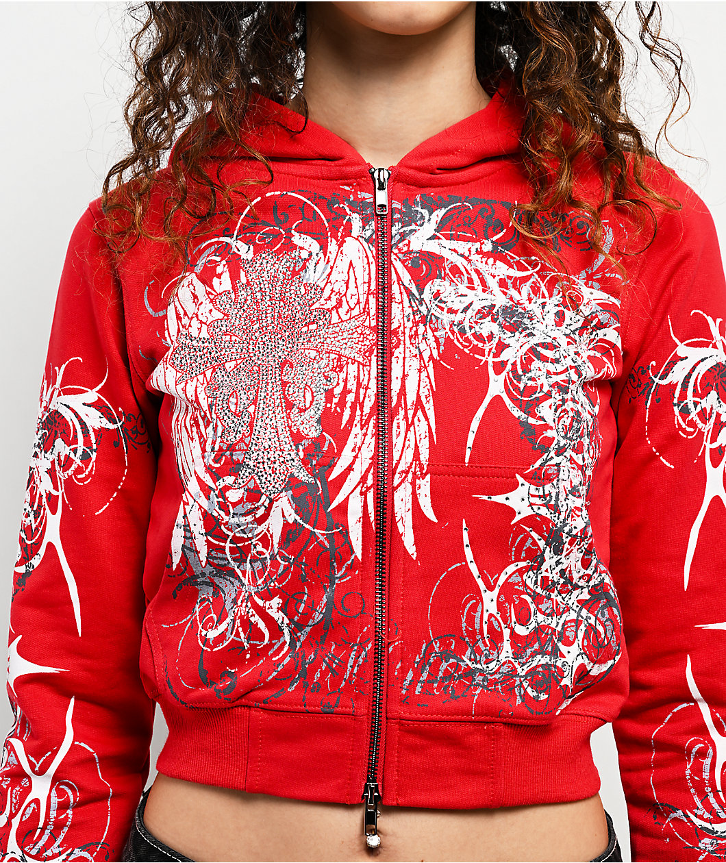 Insomnia Visuals Eclipse Rhinestone Red Crop Zip Hoodie