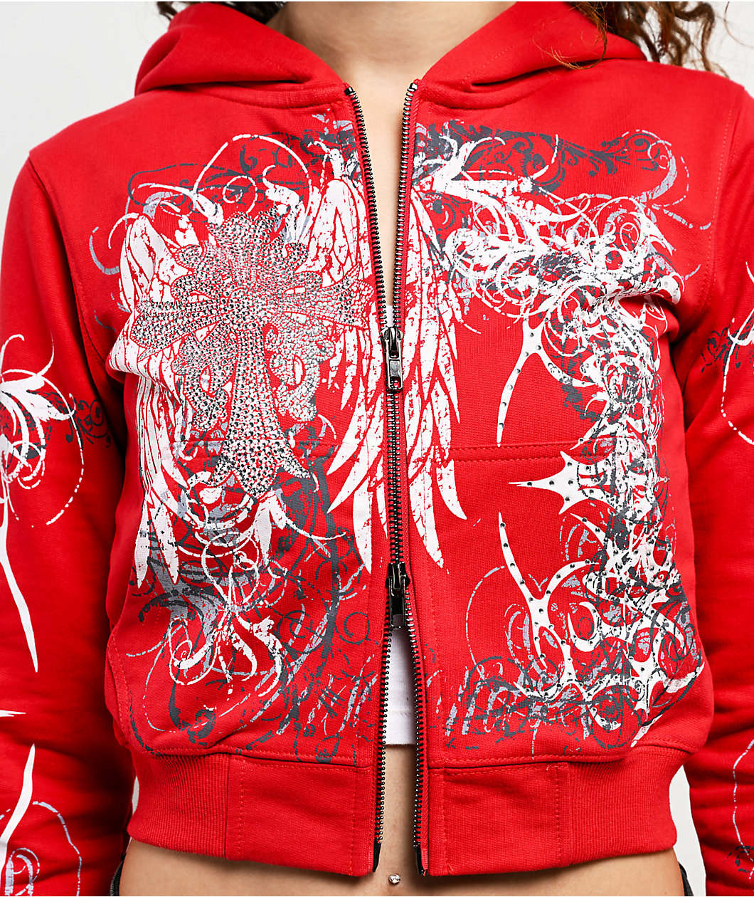 Insomnia Visuals Eclipse Rhinestone Red Crop Zip Hoodie