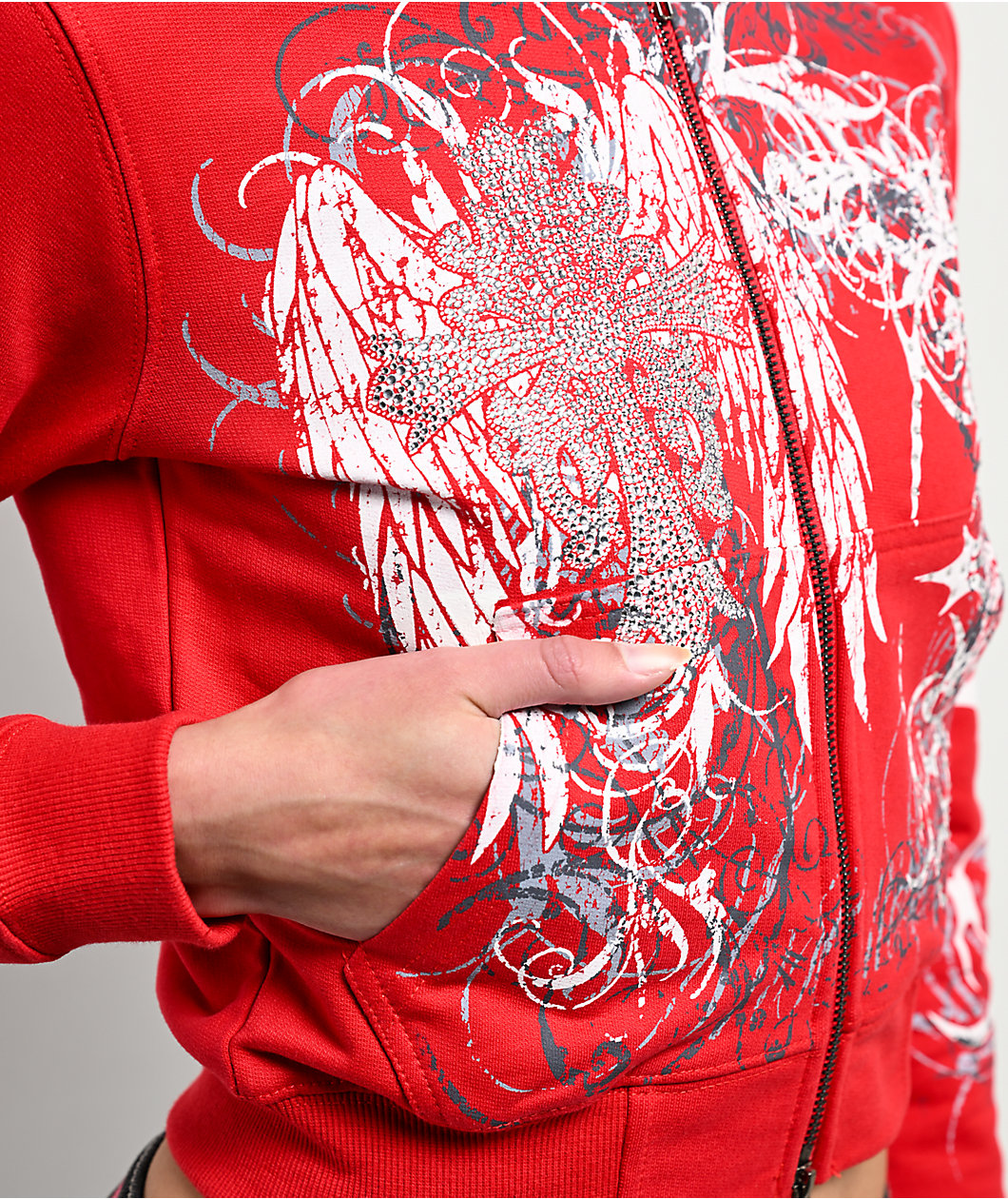 Insomnia Visuals Eclipse Rhinestone Red Crop Zip Hoodie
