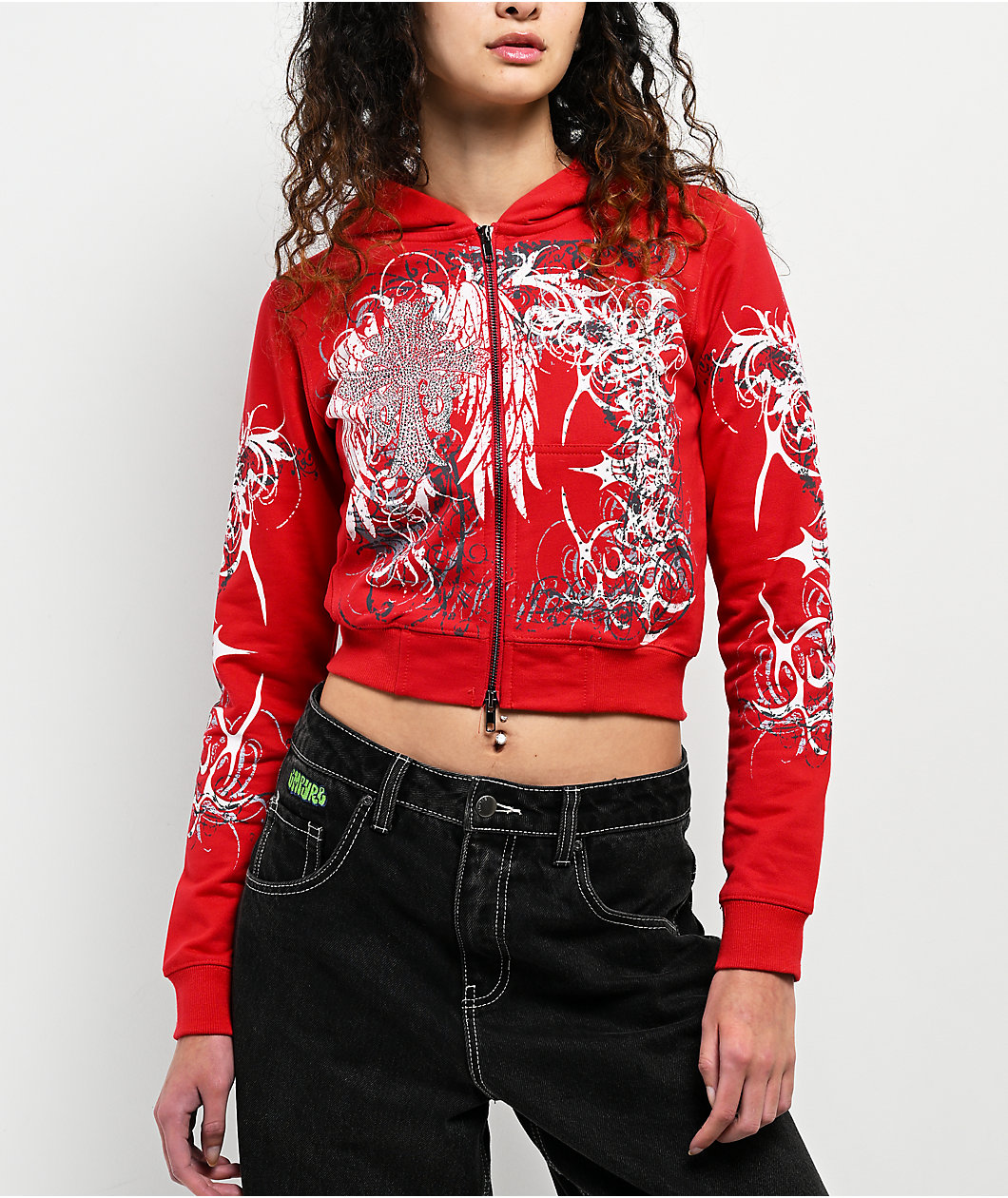 Insomnia Visuals Eclipse Rhinestone Red Crop Zip Hoodie