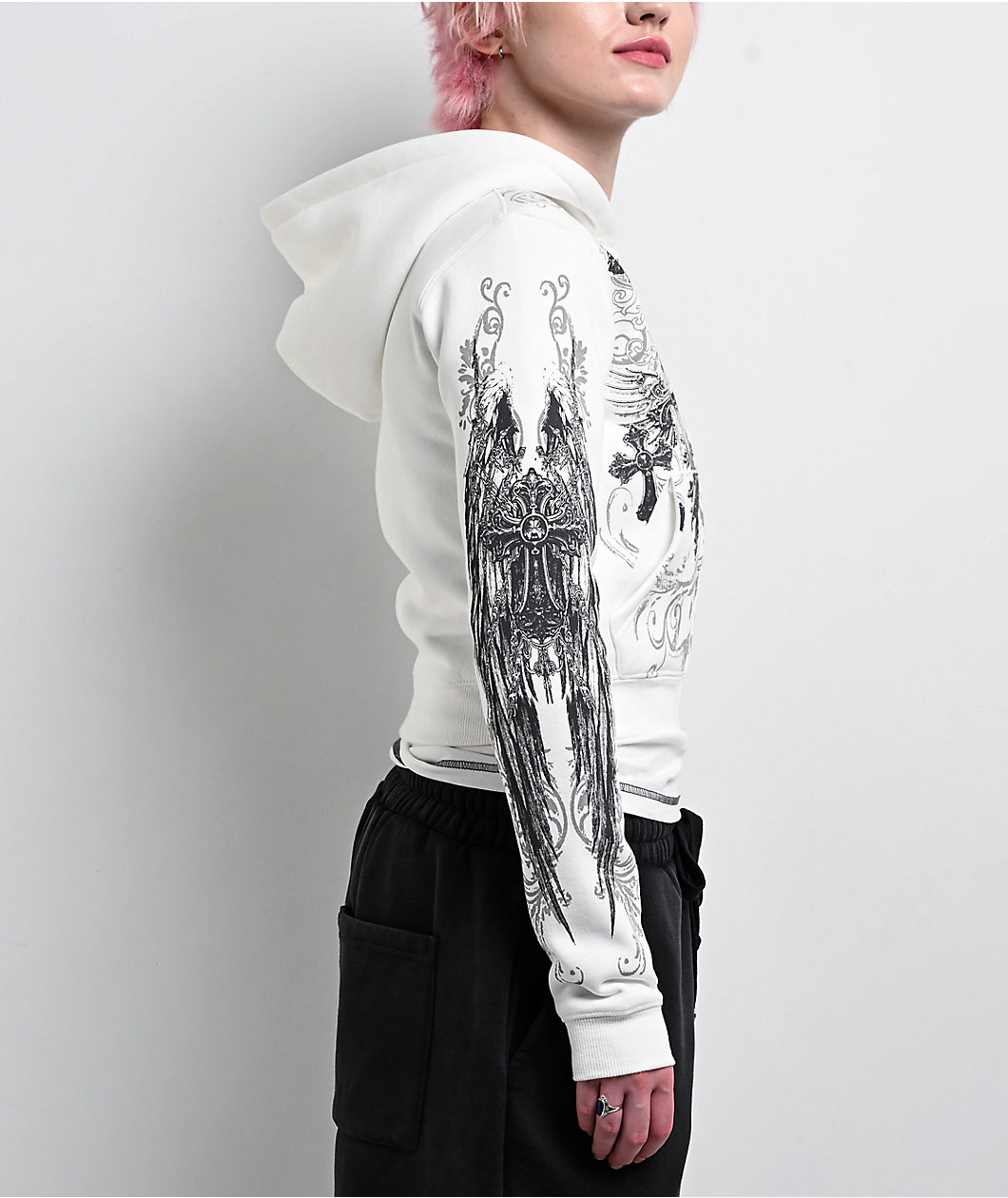 Insomnia Visuals Elegance White Crop Zip Hoodie