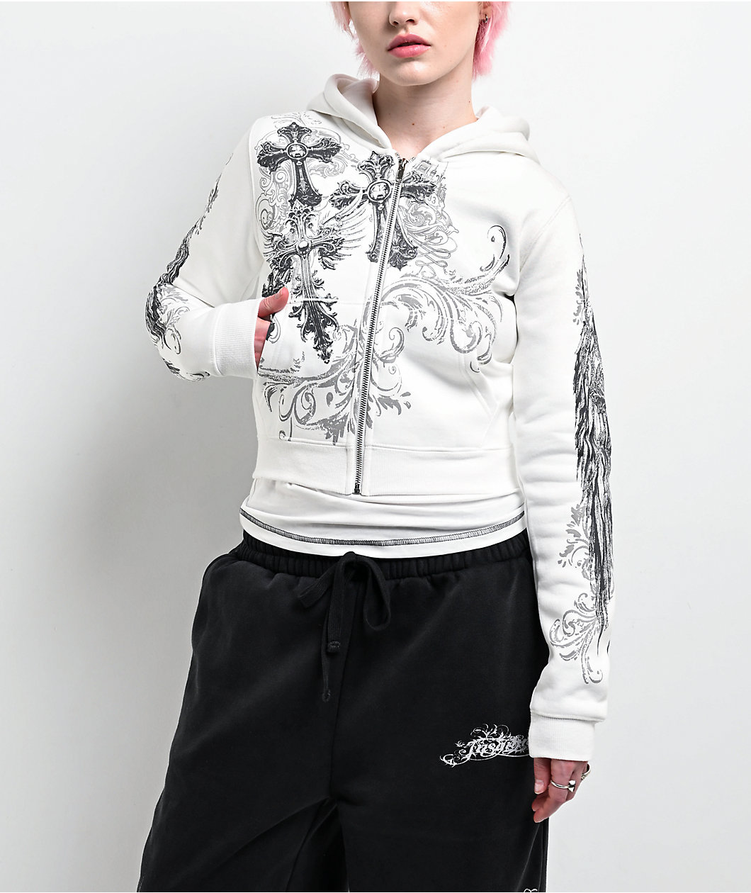 Insomnia Visuals Elegance White Crop Zip Hoodie