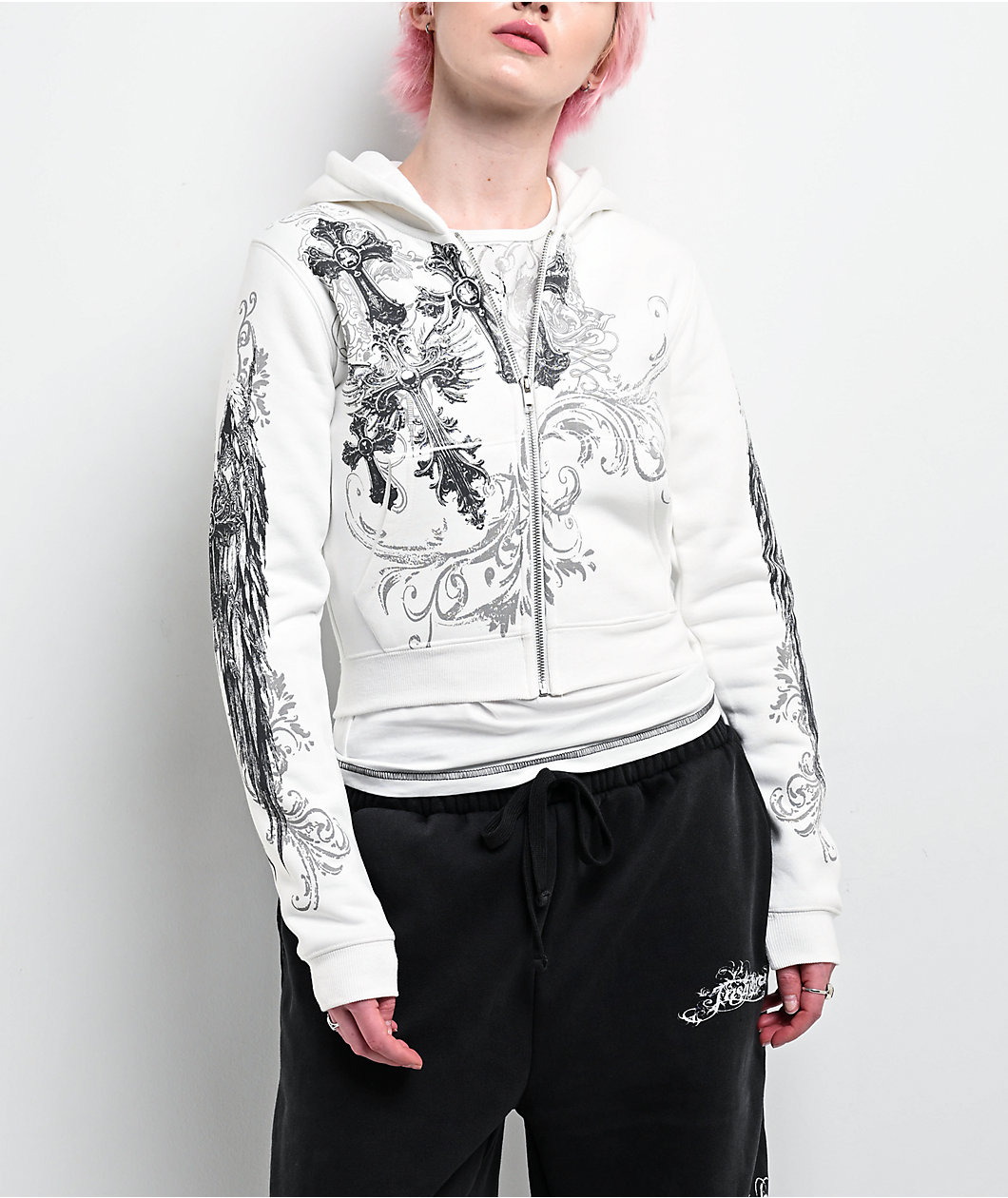 Insomnia Visuals Elegance White Crop Zip Hoodie