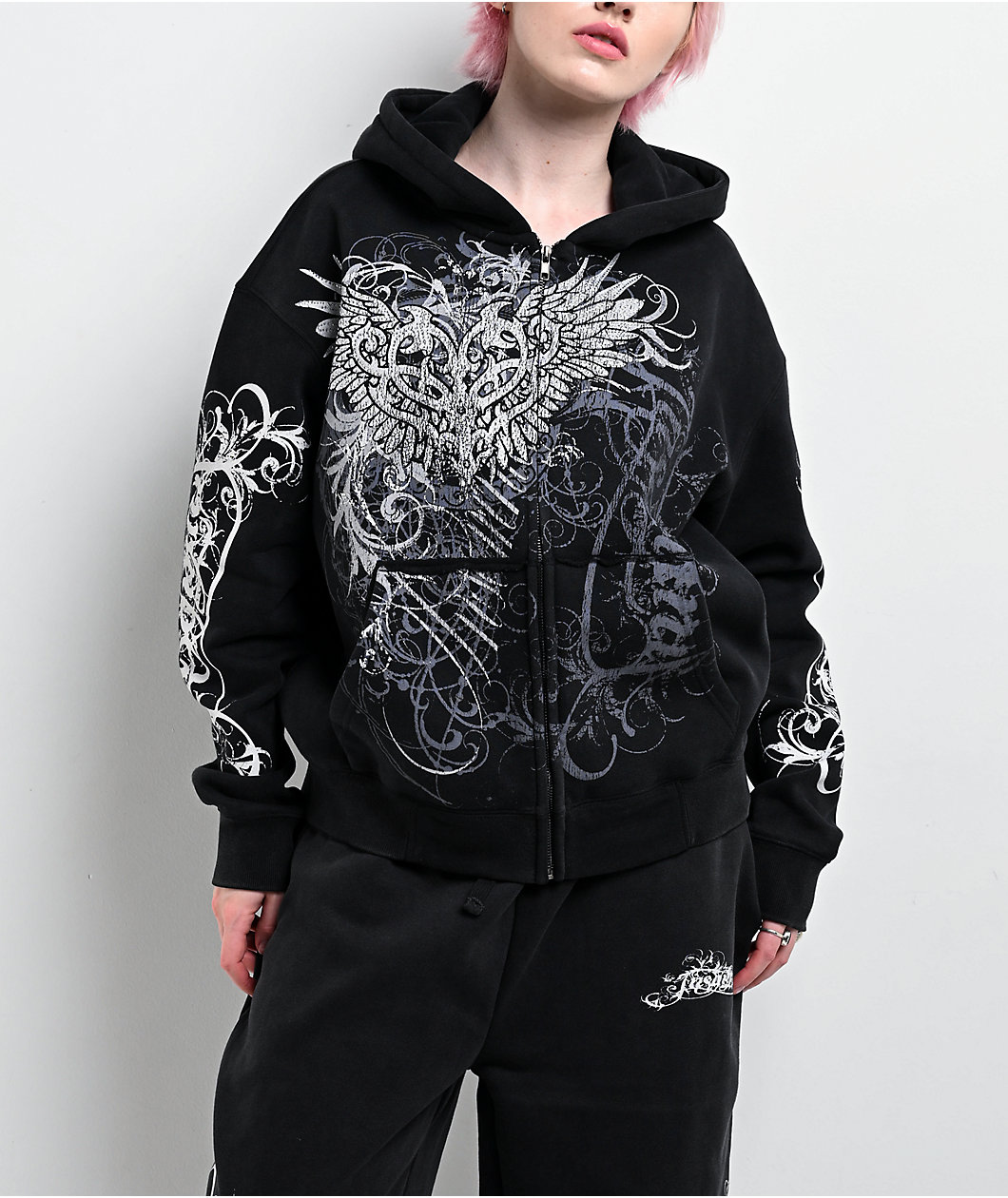 Insomnia Visuals Eternal Rhinestone Black Wash Zip Hoodie