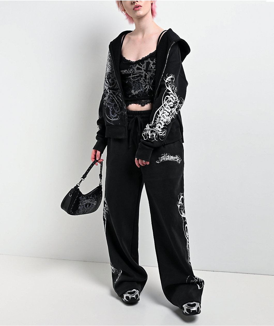Insomnia Visuals Eternal Rhinestone Black Wash Zip Hoodie