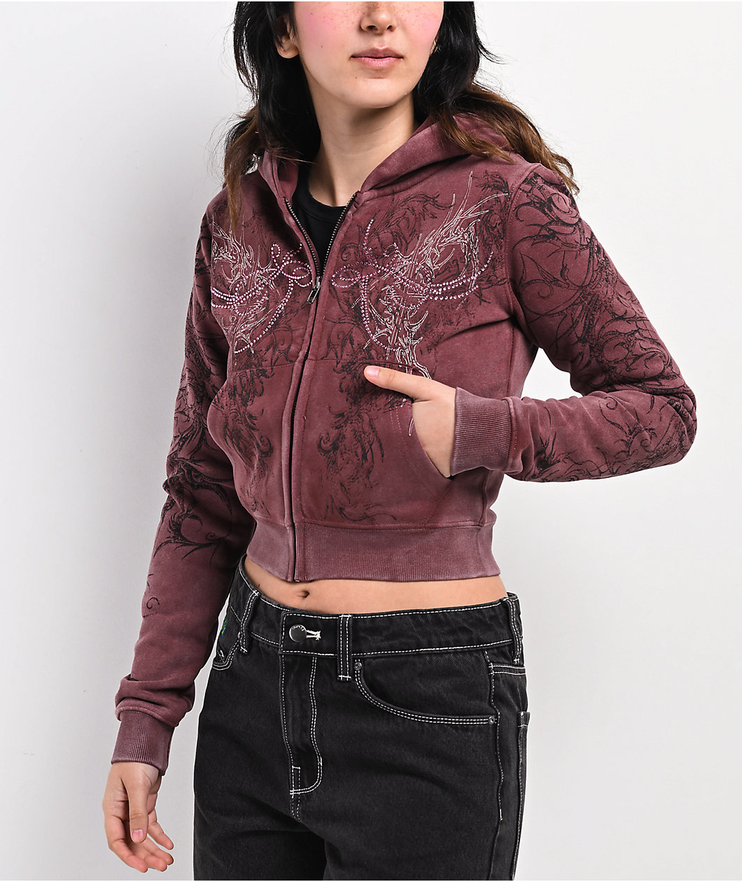 Insomnia Visuals Fever Red Wash Crop Zip Hoodie