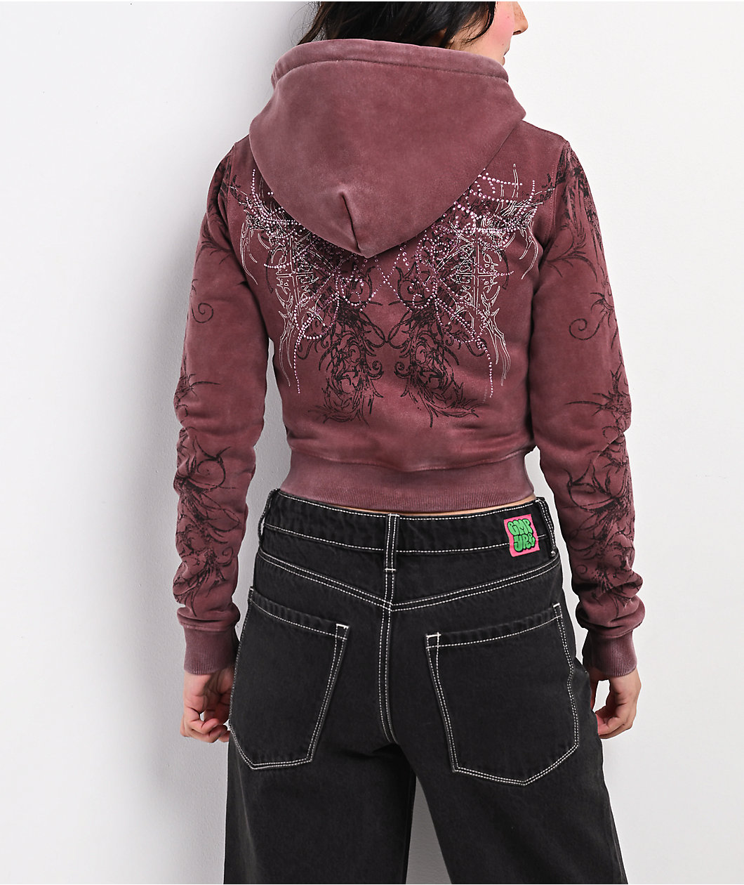 Insomnia Visuals Fever Red Wash Crop Zip Hoodie