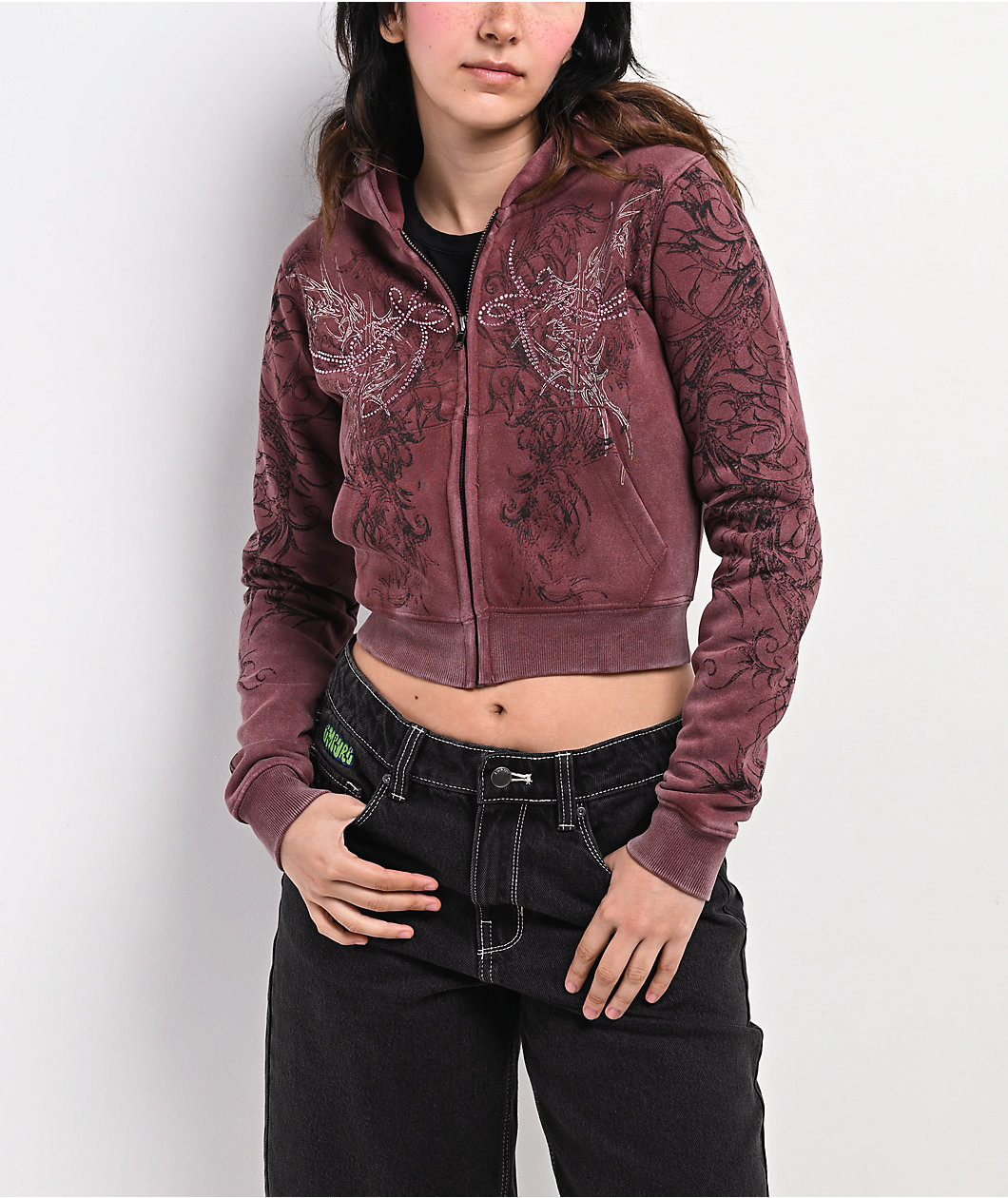 Insomnia Visuals Fever Red Wash Crop Zip Hoodie