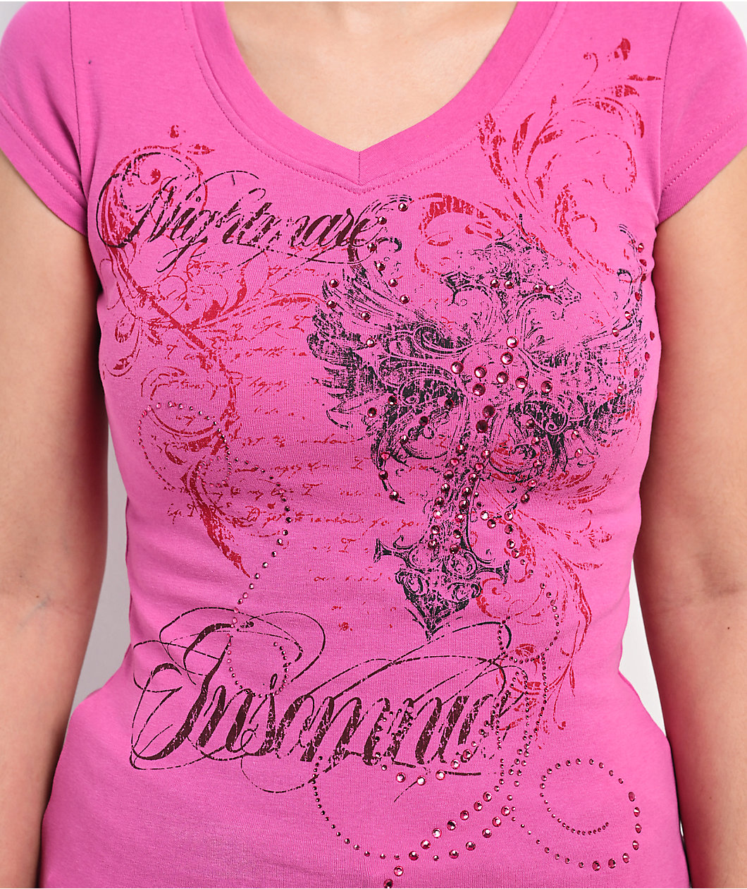 Insomnia Visuals Lovers Rhinestone Pink V-Neck T-Shirt