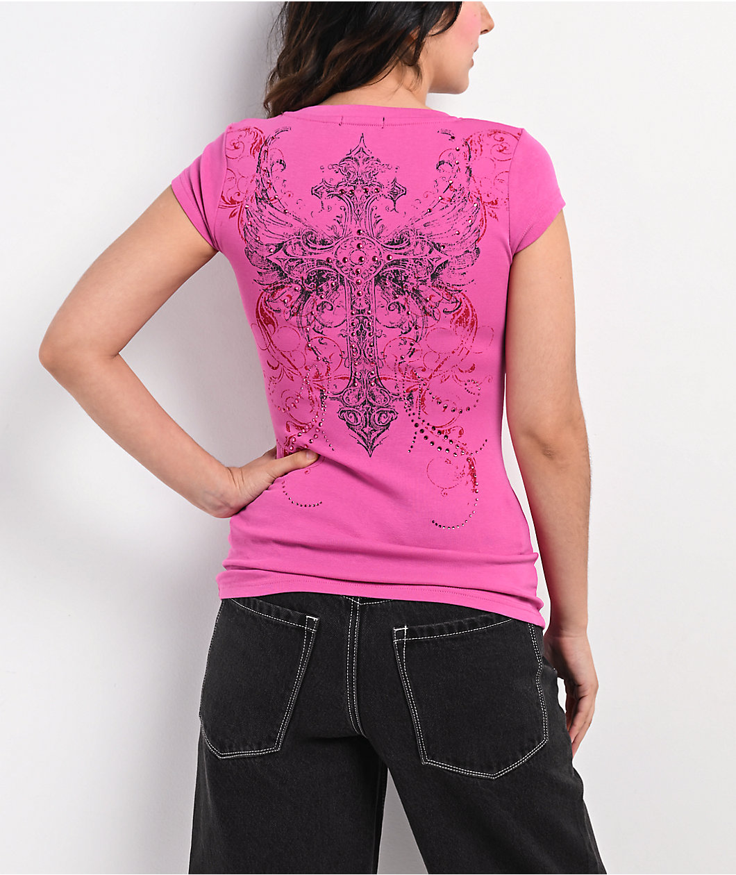 Insomnia Visuals Lovers Rhinestone Pink V-Neck T-Shirt