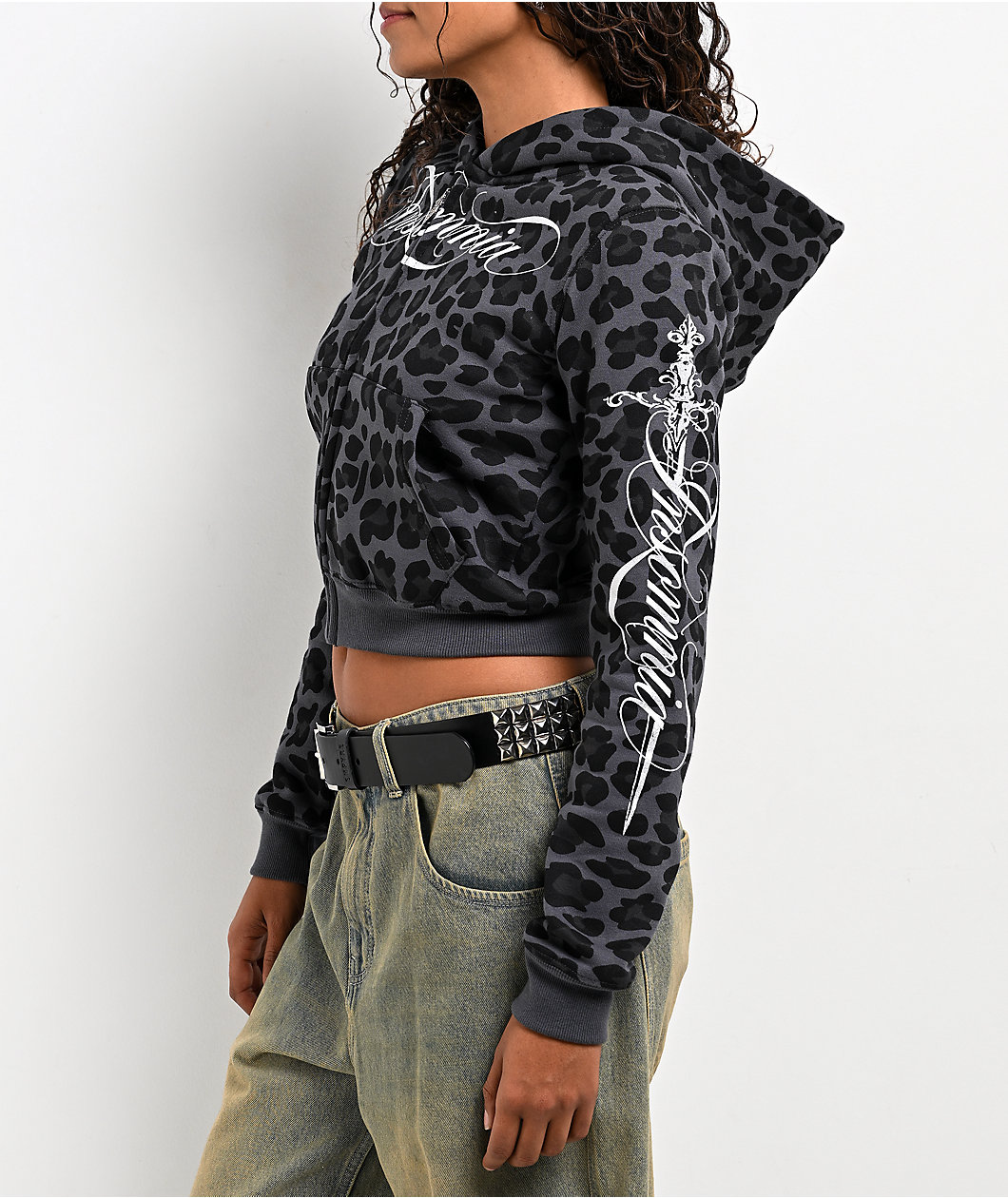 Insomnia Visuals Script Black Cheetah Crop Zip Hoodie